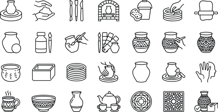 Pottery studio and handmade ceramic craft line icons set for clay modeling workshop art classes and manufacturing process vector.