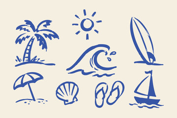 Beach Summer Doodle Set Vector Illustration