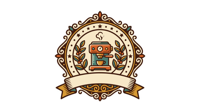 Ornamental coffee logo with espresso machine and banner.