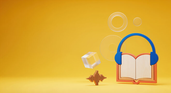 Audiobook streaming service marketing background highlighting electronic distance education technology trends or online literature listening platform subscription with copy space
