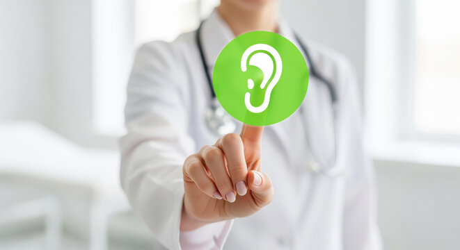 Audiology hearing test assessment or physician checking ear health condition using virtual interface to schedule otolaryngology clinic appointment