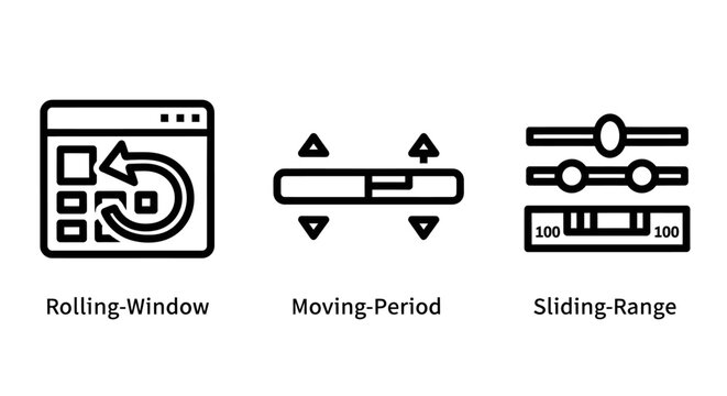 Rolling window and sliding range data analysis icon set with analysis statistics adjustment interface measurement mathematical business information computing dashboard software development