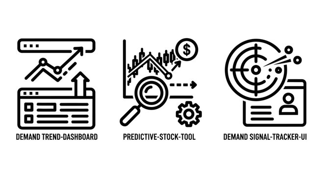 Demand planning and predictive stock analysis UI icons with predictive dashboard analysis forecasting business strategy inventory interface software magnifying precision planning logistics