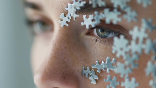 Artistic macro shot of a female face adorned with metallic puzzle pieces, highlighting individuality and introspection. Futuristic beauty concept with unique visual storytelling