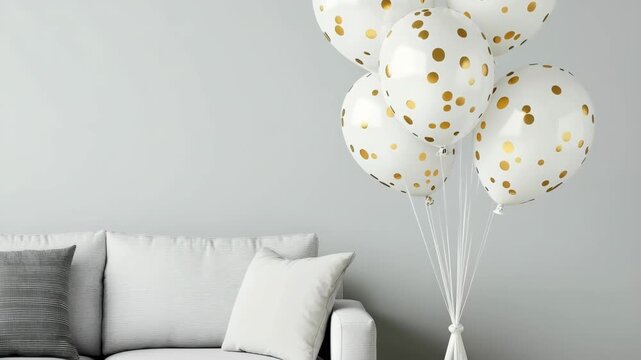 White sofa with gold confetti balloons