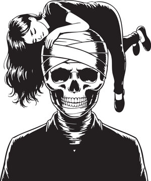 A woman sleeps on top of a man's bandaged skull head, black and white illustration.
