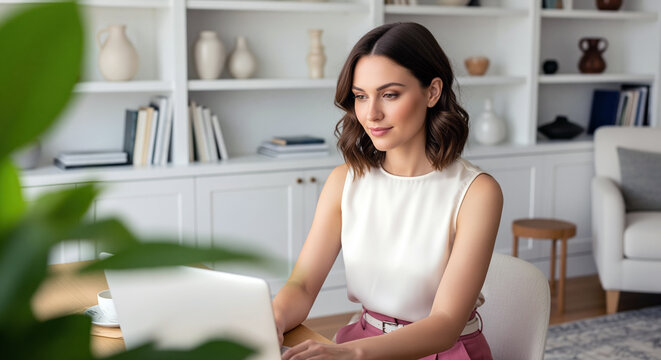 E-learning platform navigation or remote screenplay creation layout featuring focused freelancer typing on computer in cozy aesthetic living room interior