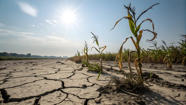 A desolate parched corn field showing the environmental impact of drought and severe heat with environmental agriculture earthquake landscape disaster shortage wasteland daylight devastation
