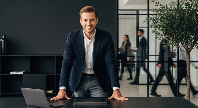 New department head marks a career promotion with an approachable presence, supporting staff introduction stories and workplace change messaging for growing teams welcoming a newly appointed manager