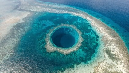 An aerial shot of the famous Great Blue Hole, a massive underwater sinkhole in the Caribbean. The Great Blue Hole of Belize  © pinan