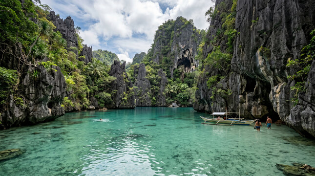 A breathtaking, secret lagoon with towering limestone cliffs and crystal-clear waters. The Hidden Lagoon of El Nido, Philippines
