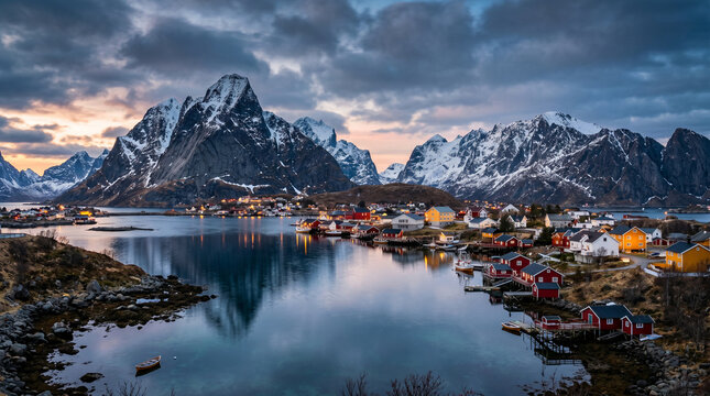 Dramatic fjords and colorful fishing villages nestled along Norway&rsquo;s remote Lofoten Islands. The Lofoten Islands, Norway
