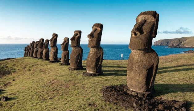 The mysterious stone Moai statues standing on the grassy hills of Rapa Nui, facing the ocean. The Moai Statues of Easter Island
