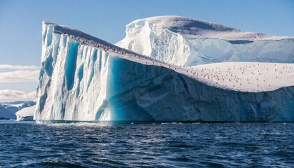 Towering icebergs floating in the deep blue waters of the Southern Ocean, with penguins on top. Antarctica’s Massive Icebergs  © pinan