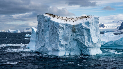 Towering icebergs floating in the deep blue waters of the Southern Ocean, with penguins on top. Antarctica’s Massive Icebergs  © pinan