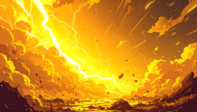 Pixel art landscape with bright orange sky, dramatic lightning strike over clouds, representing power and energy