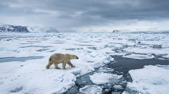 A lone polar bear walking across floating ice, with a cold, snowy landscape stretching endlessly. A Polar Bear on Arctic Ice Floes

