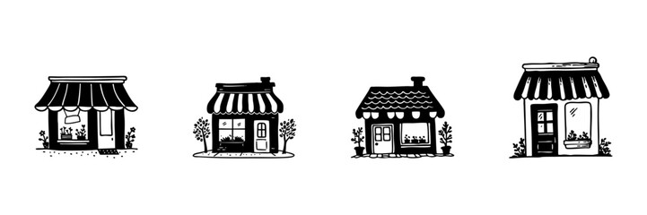 Obraz premium Small Boutique Shops In Hand Drawn Style Set. Local Business, Retail Storefront, Vintage Market Doodle Sketch Collection. Charming Street View. Isolated Vector Illustration