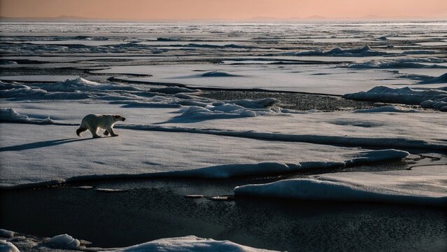 A lone polar bear walking across floating ice, with a cold, snowy landscape stretching endlessly. A Polar Bear on Arctic Ice Floes
