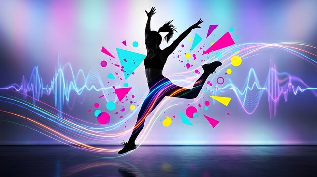 Silhouetted female athlete performing a dynamic high jump pose with arms raised high while surrounded by vibrant neon geometric shapes and glowing light 