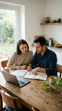 Young couple in their thirties sitting at wooden kitchen table with laptop papers and notebook quietly discussing household budget in soft natural daylight