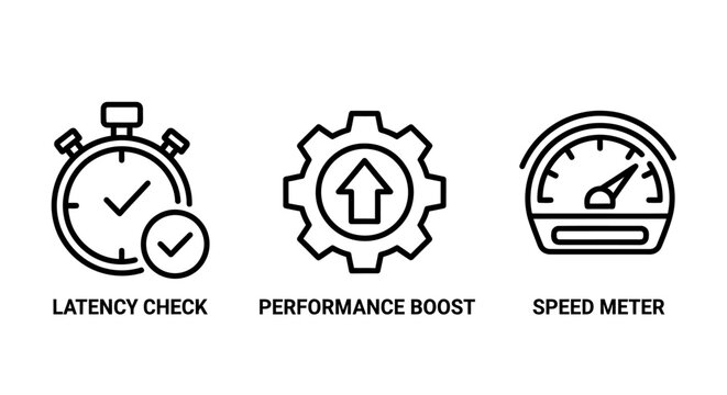 Set of technical performance icons for latency check boost and speed meter with performance stopwatch optimization technical software speedometer measurement technology business isolated