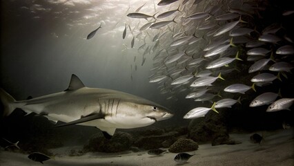 Obraz premium The great white shark (Carcharodon carcharias), also known as the white shark swimming among the school of fish, Great Barrier Reef, Australia. 