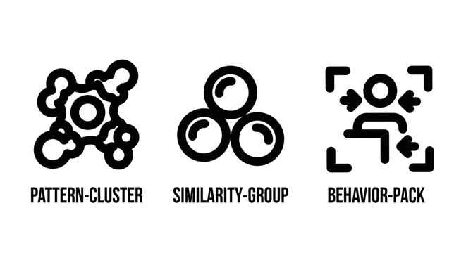 Pattern cluster similarity group and behavior pack data analytics icons with similarity behavior analysis analytics learning artificial intelligence algorithm segmentation customer structure