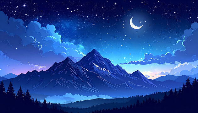 Pixel art night landscape with starry sky, crescent moon, and majestic mountains, atmospheric and tranquil
