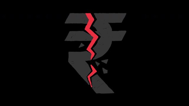 Broken Indian Rupee symbol economic crisis cracked currency 4K Hand Drawn Animation with alpha transparent background