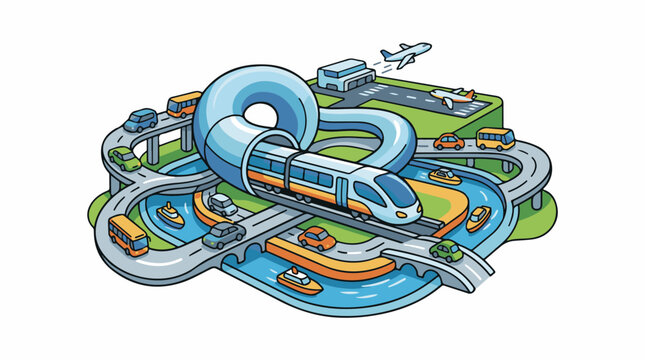 A cartoon illustration of a futuristic transportation system with roads, trains, boats, and planes