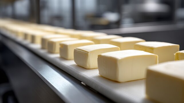 Industrial production line of butter blocks on a conveyor belt