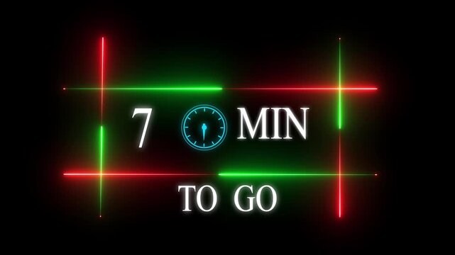 Neon 7 mins to go animation. Neon counting number animation 7 mins to go with Glowing Red and Green Light Frame on Black Background