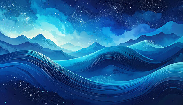 pixel art night landscape, shimmering stars in sky over blue wavy mountains and ocean, digital illustration