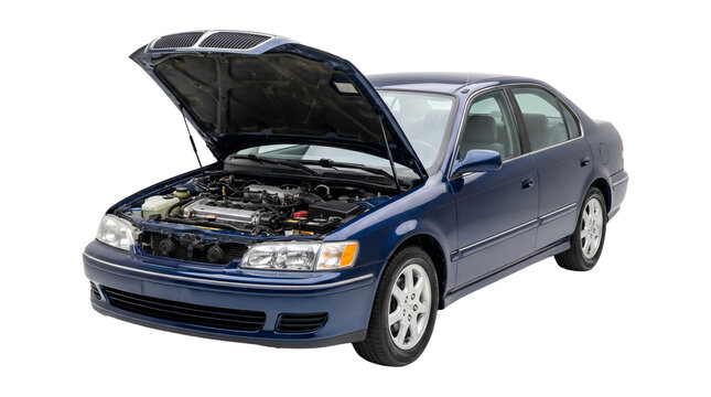 Dark blue sedan car with hood open showing engine compartment side view isolated on transparent background.