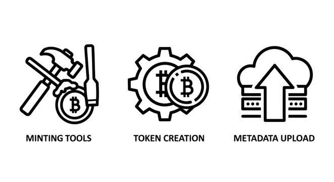 Crypto art minting token creation and metadata upload icon set with blockchain creation metadata technology currency distributed investment business development internet transaction