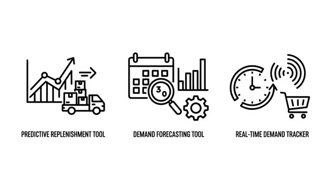 Predictive replenishment forecasting and real time demand tracker icons with predictive forecasting tracking logistics inventory management business analysis delivery shipping calendar