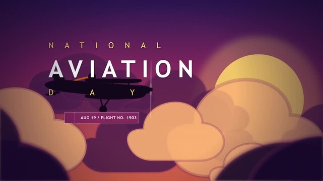 National Aviation Day animation with airplane flying through clouds at sunset