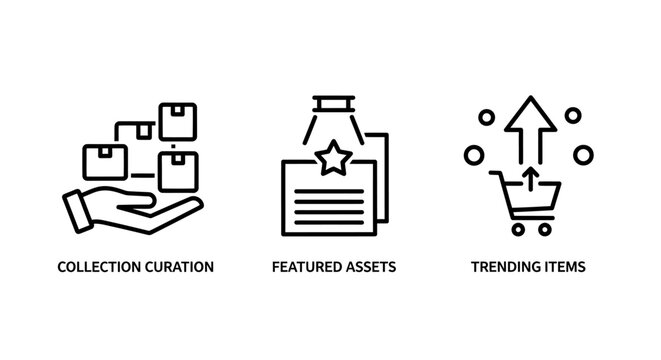 Collection curation featured assets and trending items shopping outline icons set with collection curation featured trending shopping commerce selection business ecommerce consumer marketing