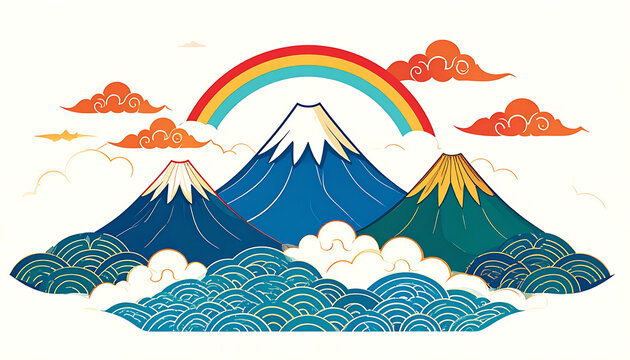 Pixel art of Mount Fuji landscape with rainbow and clouds, traditional Japanese pattern