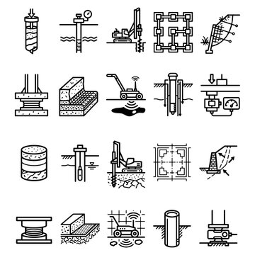 Geotechnical Engineering and Deep Foundation Line Icon Set, Civil Construction Process Piling Rig Soil Core Sampling Retaining Wall and Ground Penetrating Radar Vector Illustration