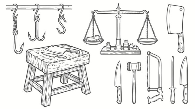 Traditional butcher shop equipment set with chopping block, meat hooks, scales, and various knives, isolated white background.