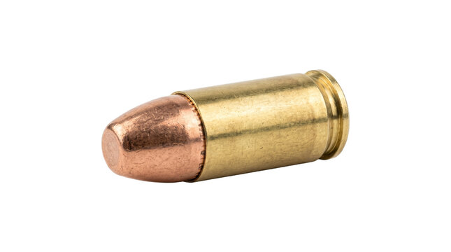 Macro view of brass bullet on transparent background for security defense and military ammunition themes.
