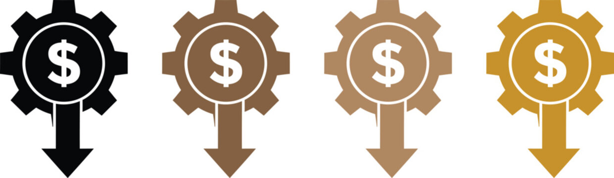 Gear icons with dollar signs and downward arrows representing financial loss and business decline in black brown and golden color variations
