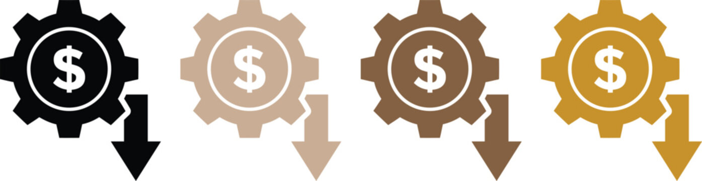 Gear icons with dollar signs and downward arrows representing business financial loss or falling economic profit in different brown shades