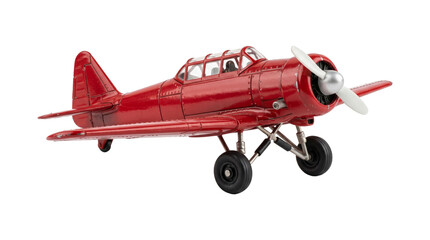 Miniature red vintage propeller airplane model isolated on transparent background for flight collection. © Png ProTeam