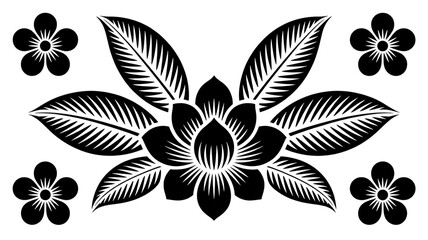 Fototapeta premium An artistic black and white illustration of a flower with leaves and smaller flowers around it