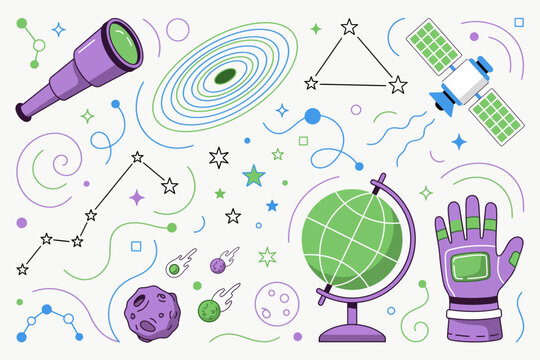 Colorful illustration of various space and astronomy related objects and symbols together