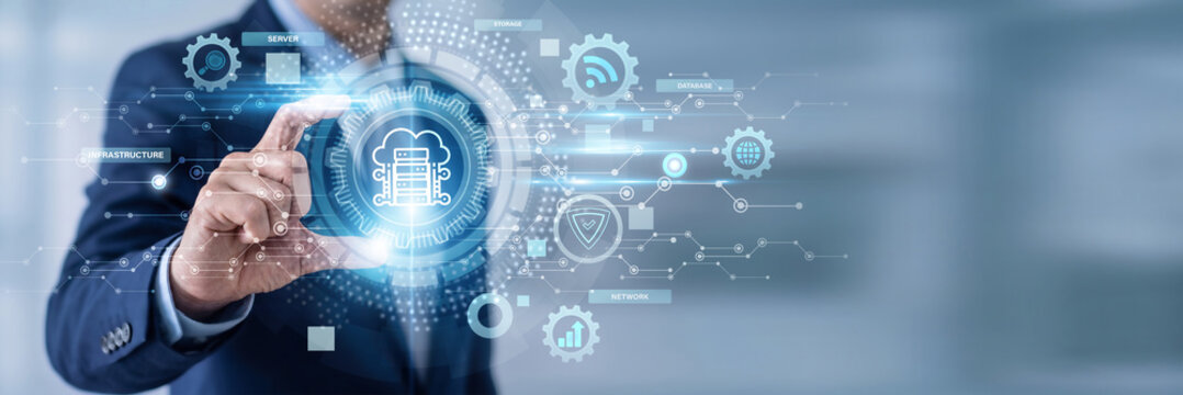 Businessman Hand Holding Cloud Computing and digital networking data, online infrastructure, scalable platforms, data storage solutions, cloud services