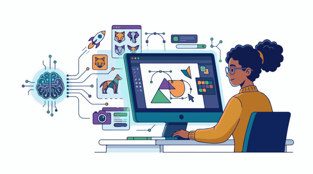 A woman works on a computer with various design elements